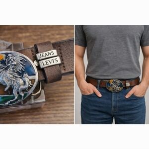 Vintage Siskiyou Native American Inspired Buckle Levi's Leather Belt 40" 1986